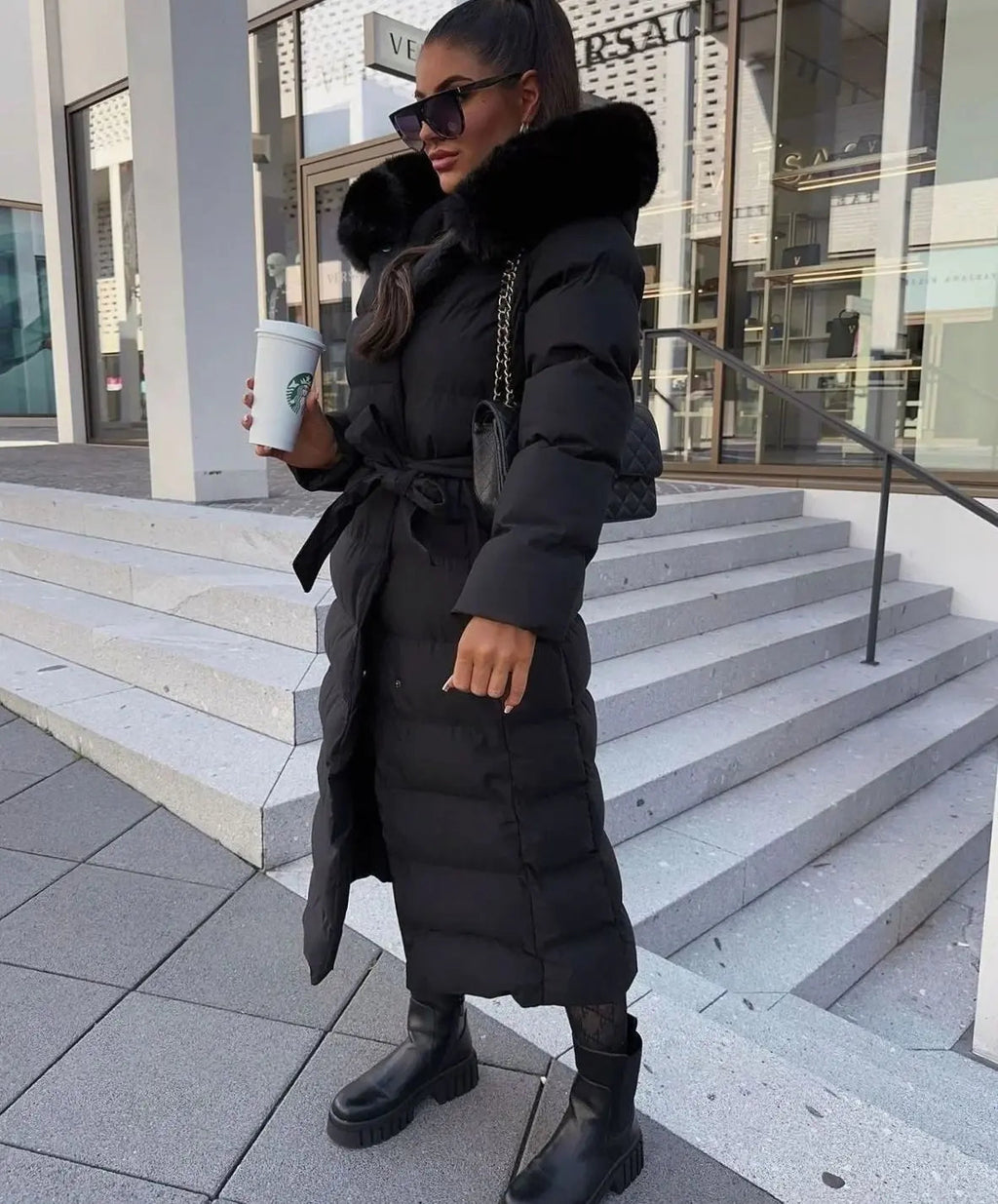 Rosalind | Long Black Puffer Coat With Faux Fur Hood & Belt
