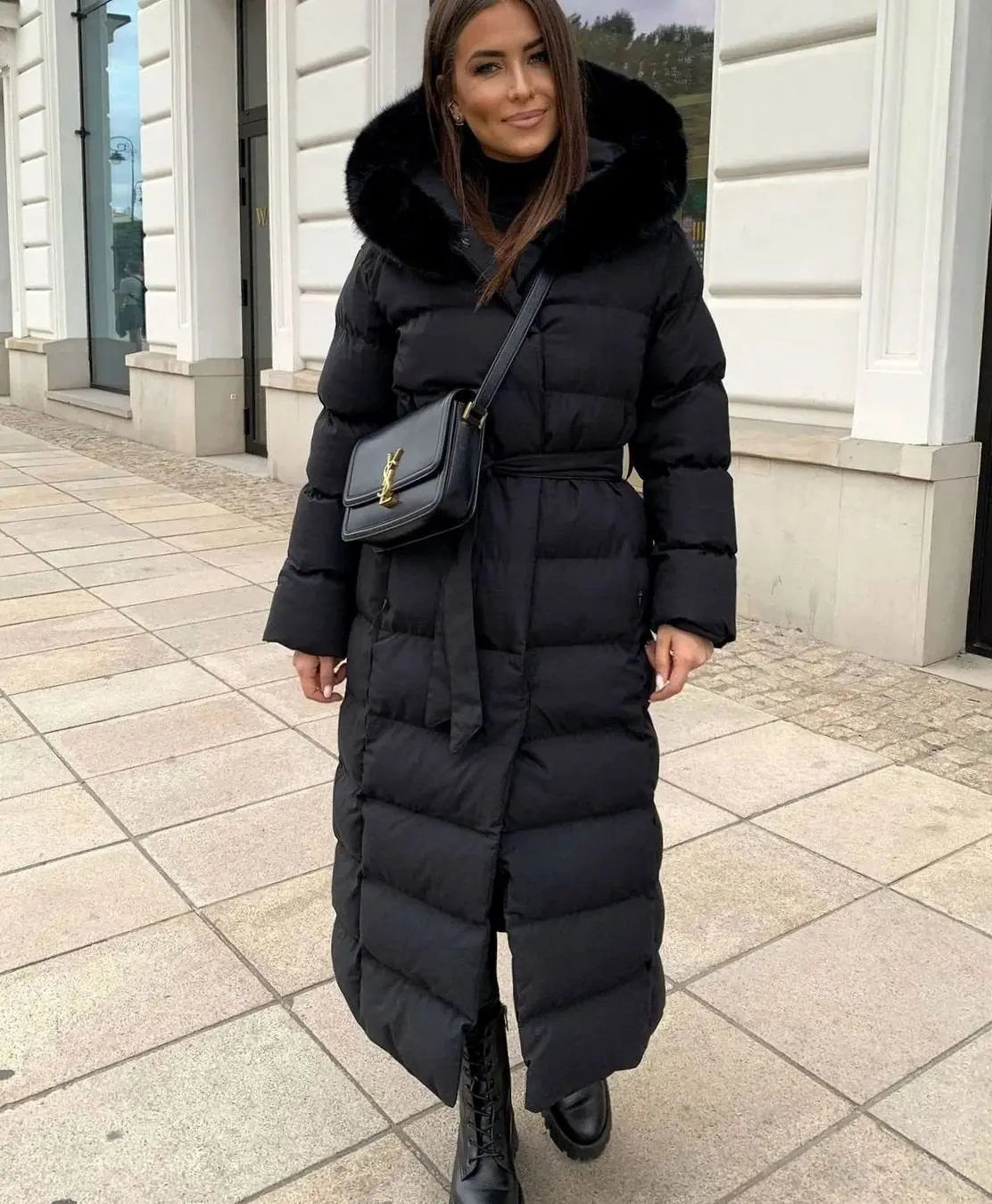Rosalind | Long Black Puffer Coat With Faux Fur Hood & Belt