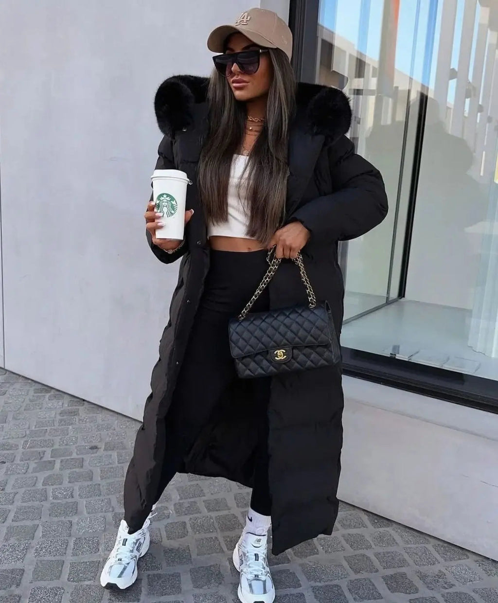 Rosalind | Long Black Puffer Coat With Faux Fur Hood & Belt