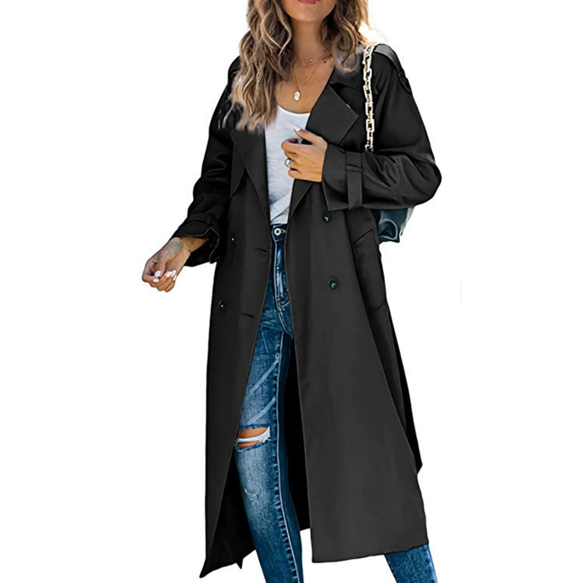 Oceane | Women Black Double-Breasted Trench Coat