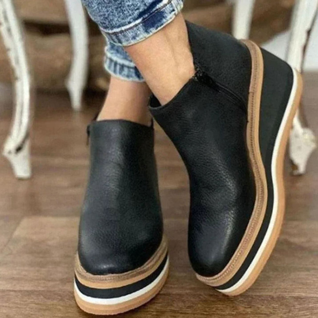 Ophelia | Black Leather Wide Fit Wedge Heeled Platform Chelsea Boots — Black
