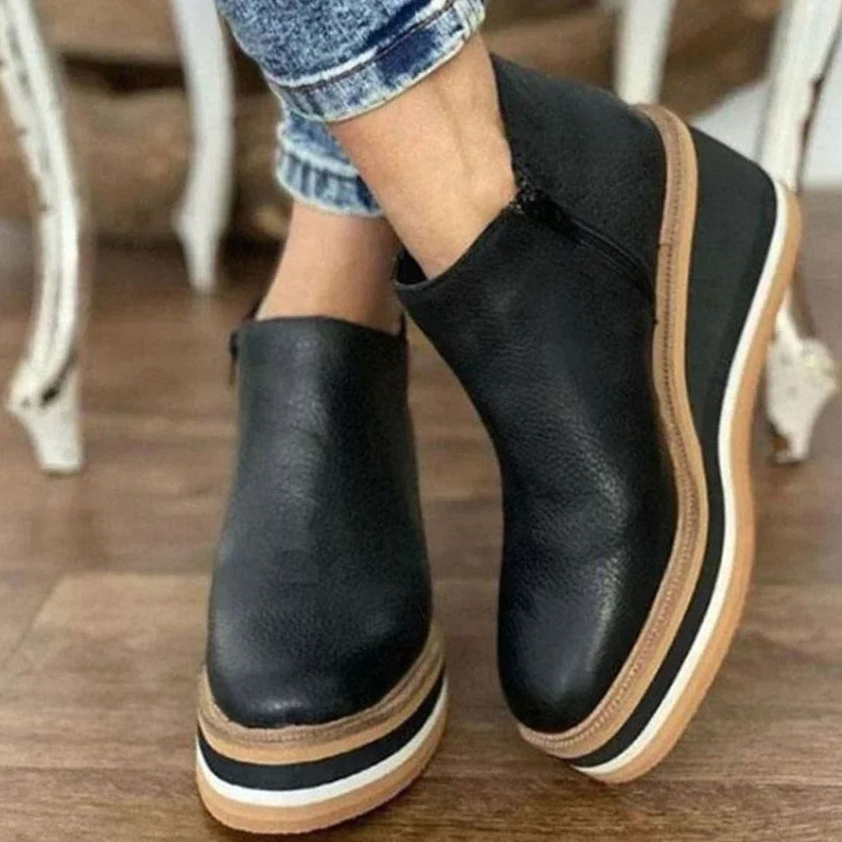 Ophelia | Black Leather Wide Fit Wedge Heeled Platform Chelsea Boots — Black
