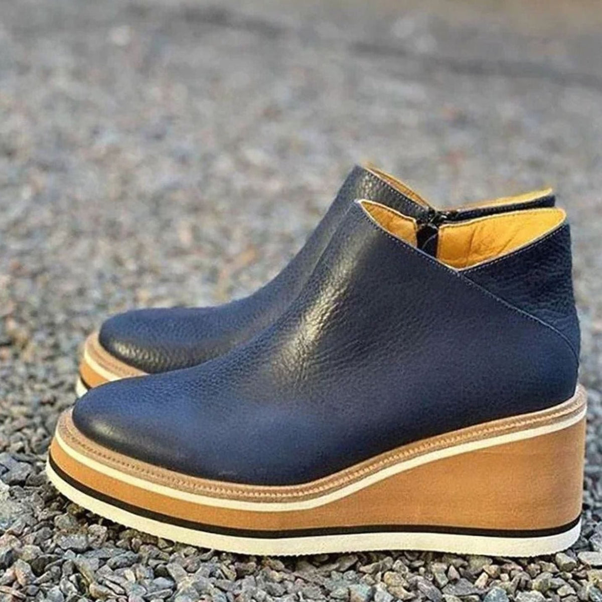 Ophelia | Black Leather Wide Fit Wedge Heeled Platform Chelsea Boots — Blue
