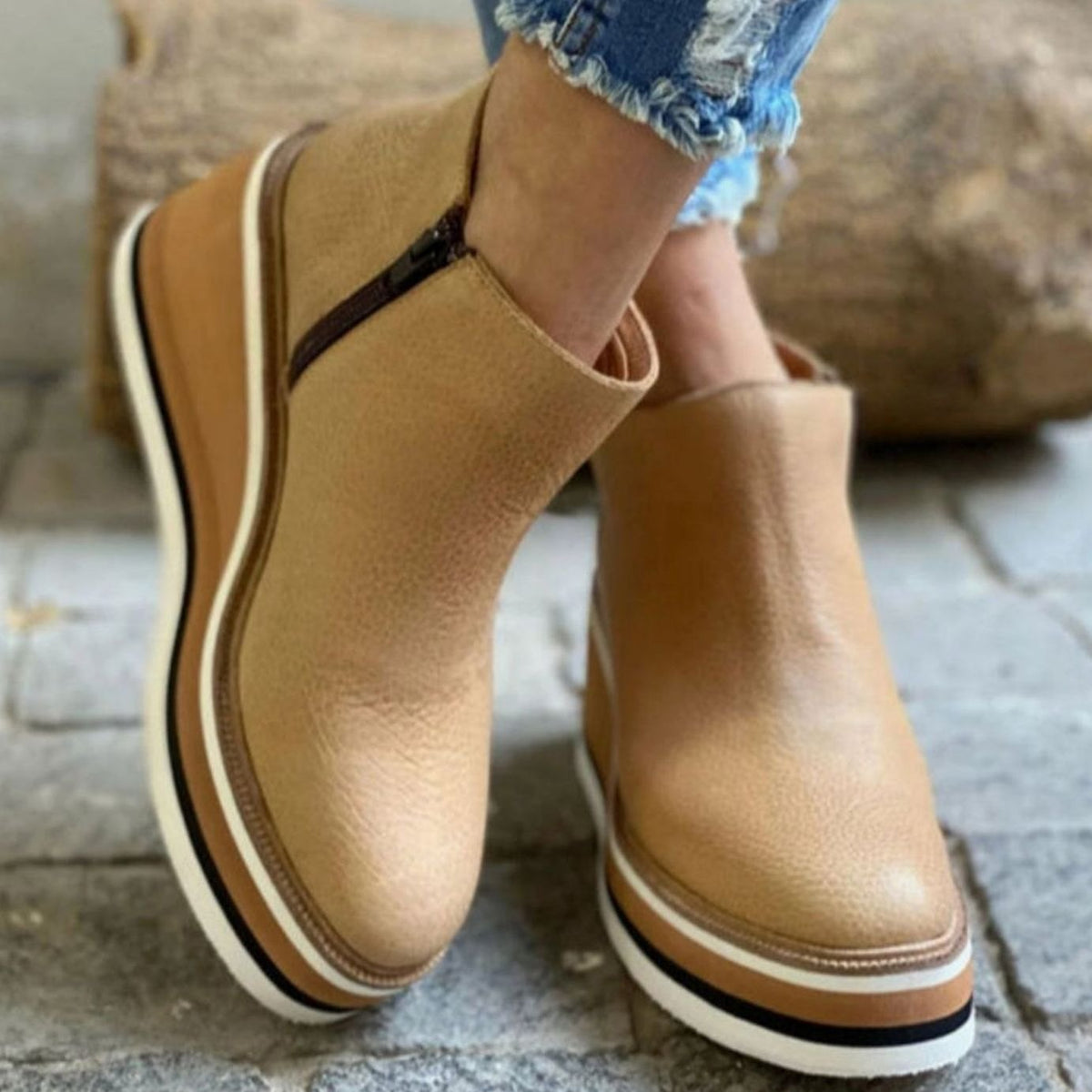 Ophelia | Black Leather Wide Fit Wedge Heeled Platform Chelsea Boots — Beige