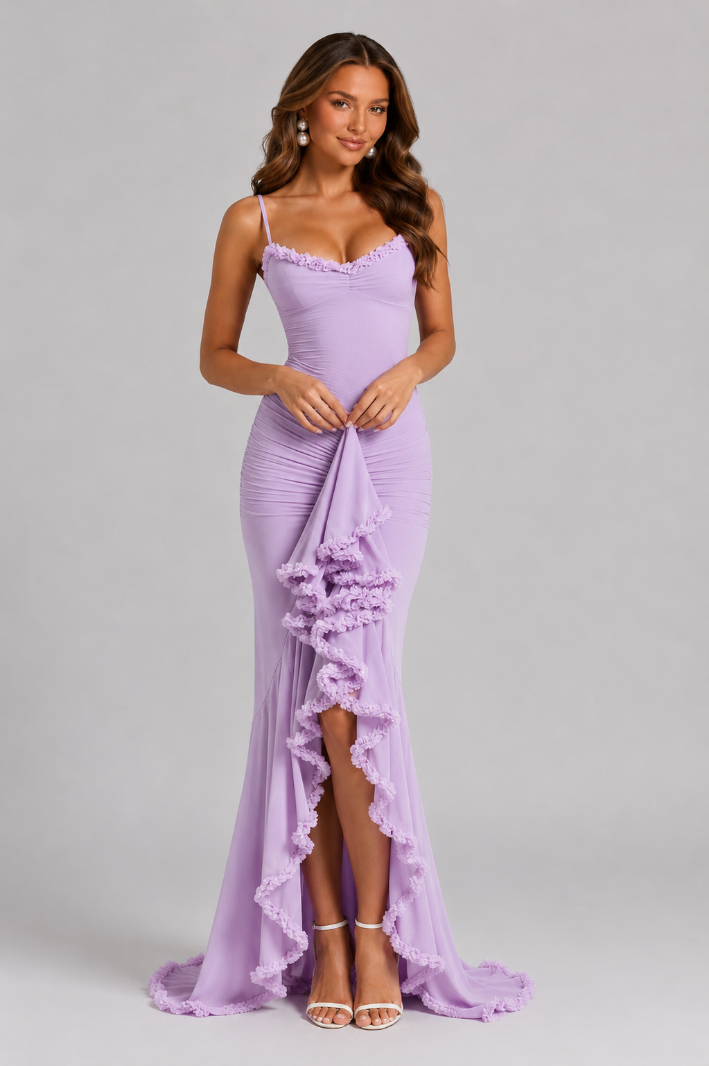 Apolline | Ruffle Split Evening Maxi Dresses with Spaghetti Strap — Lilac