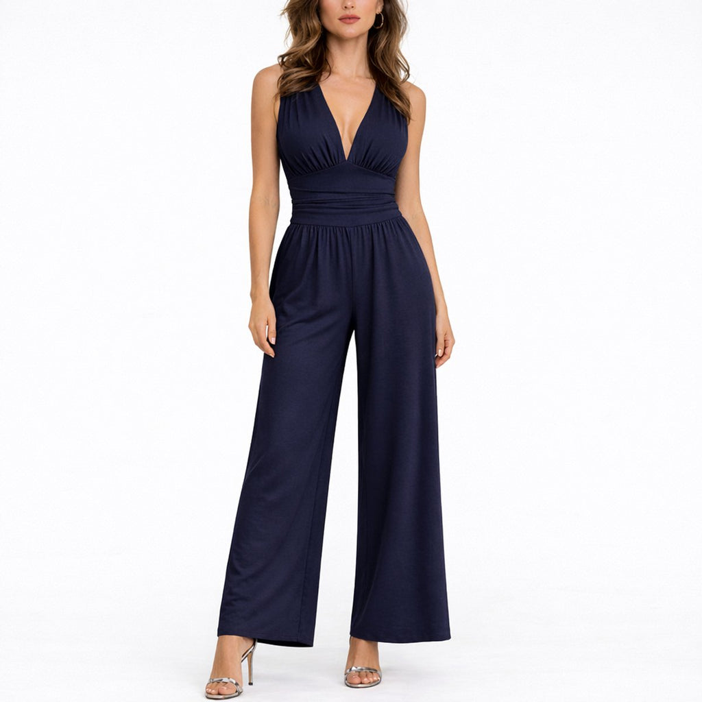 Agathe | Women's Black V-Neck Wide-Leg Sleeveless Jumpsuit