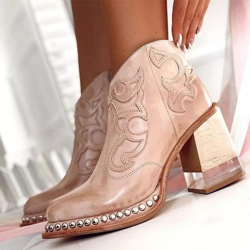Genevieve | Studded Black Leather Western Chunky Heel Knee High Ankle Boots — Pink