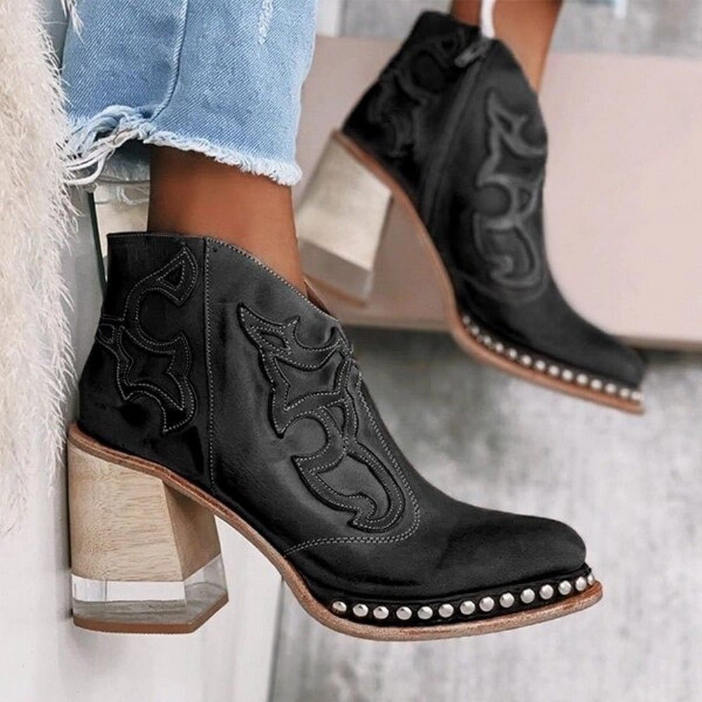 Genevieve | Studded Black Leather Western Chunky Heel Knee High Ankle Boots — Black