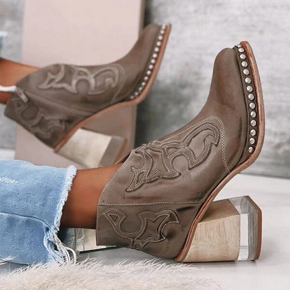 Genevieve | Studded Black Leather Western Chunky Heel Knee High Ankle Boots — Brown