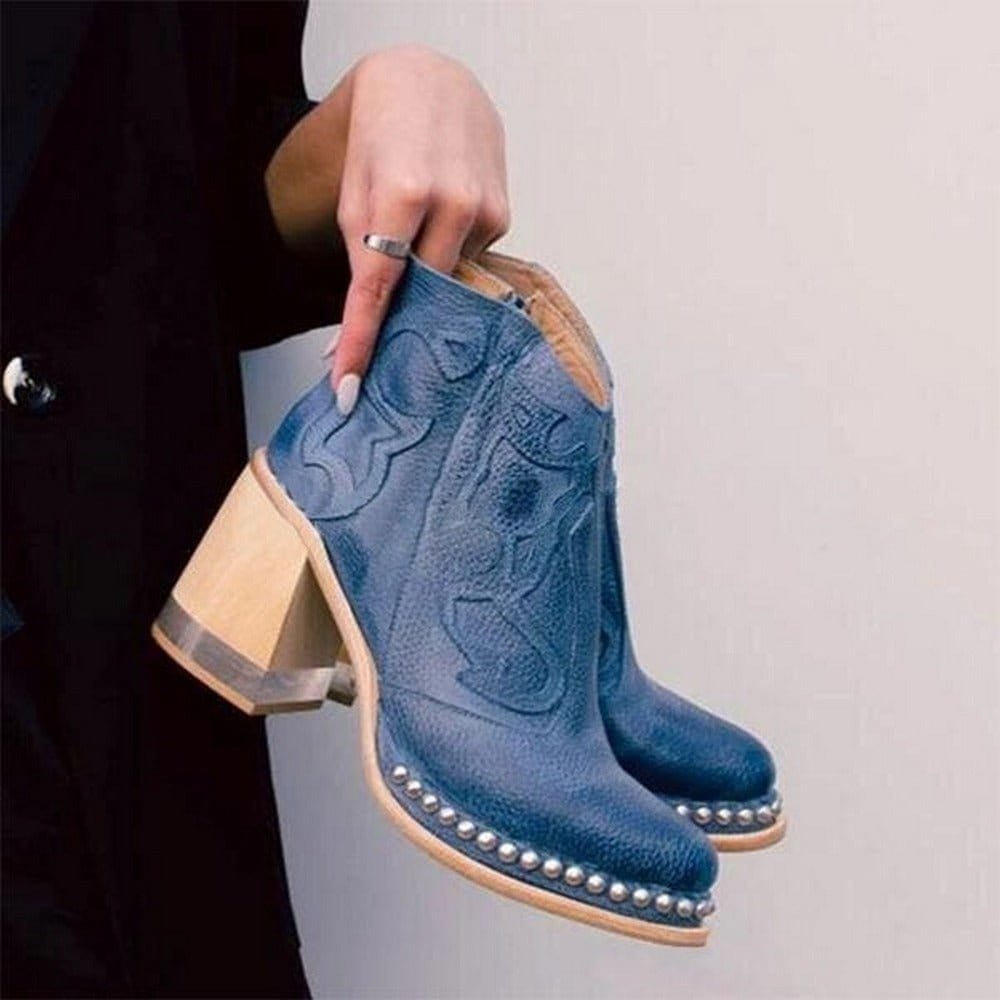 Genevieve | Studded Black Leather Western Chunky Heel Knee High Ankle Boots — Blue