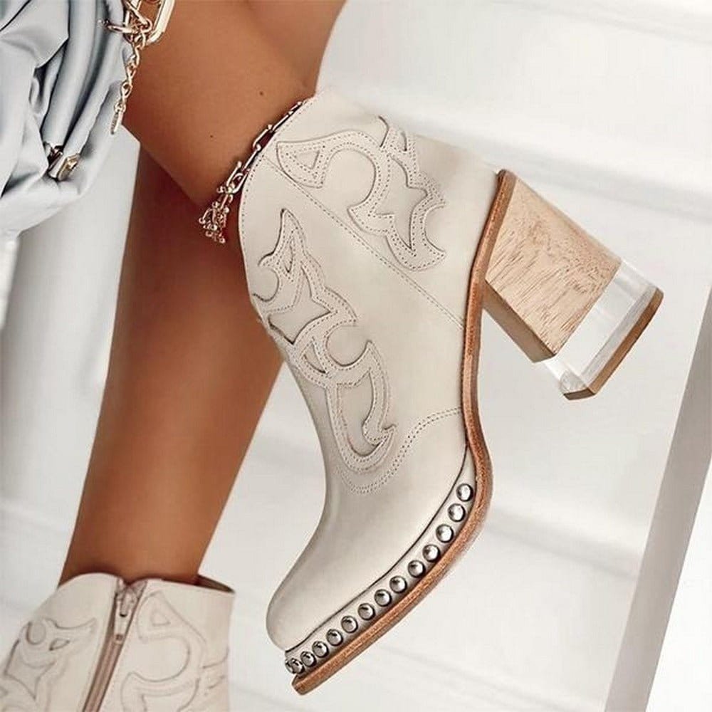 Genevieve | Studded Black Leather Western Chunky Heel Knee High Ankle Boots — White