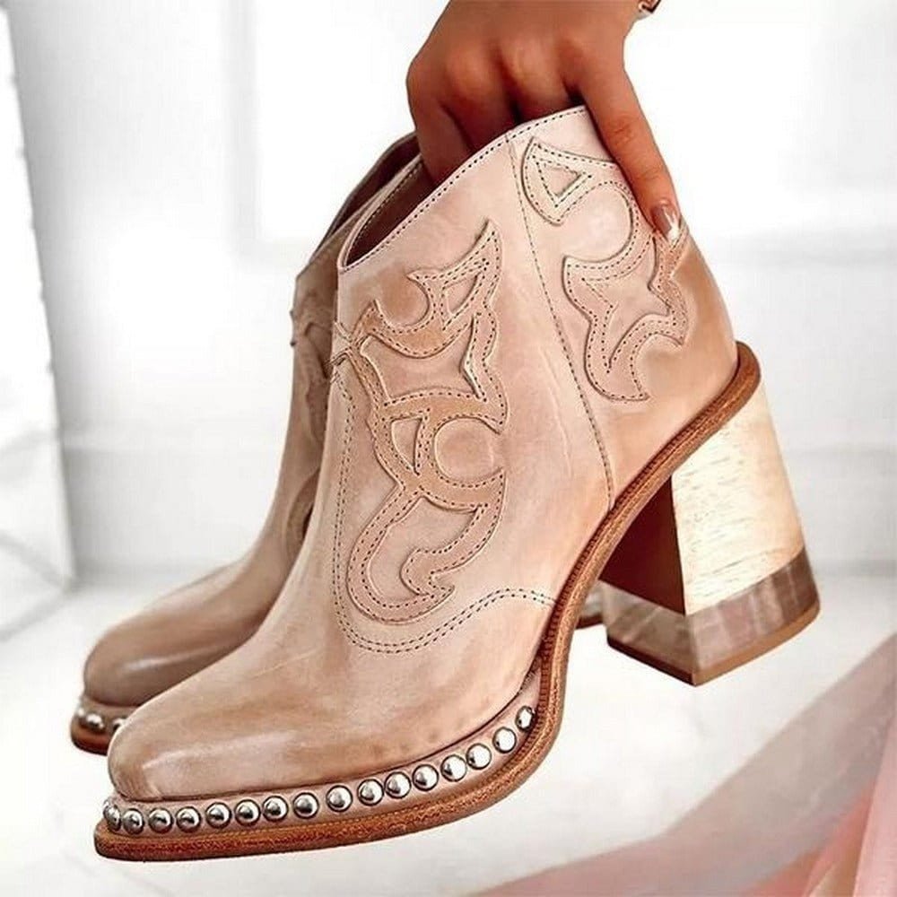Genevieve | Studded Black Leather Western Chunky Heel Knee High Ankle Boots