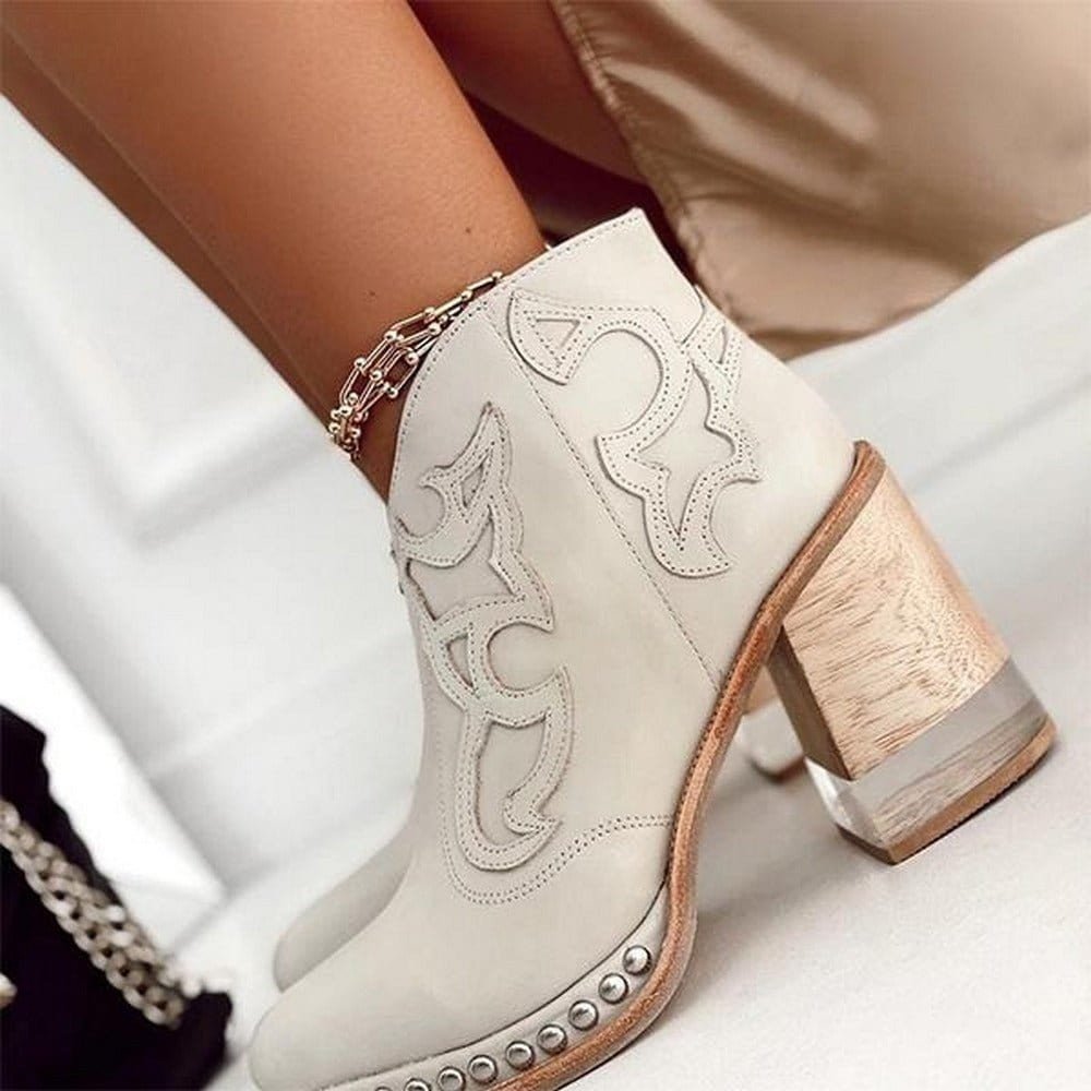 Genevieve | Studded Black Leather Western Chunky Heel Knee High Ankle Boots