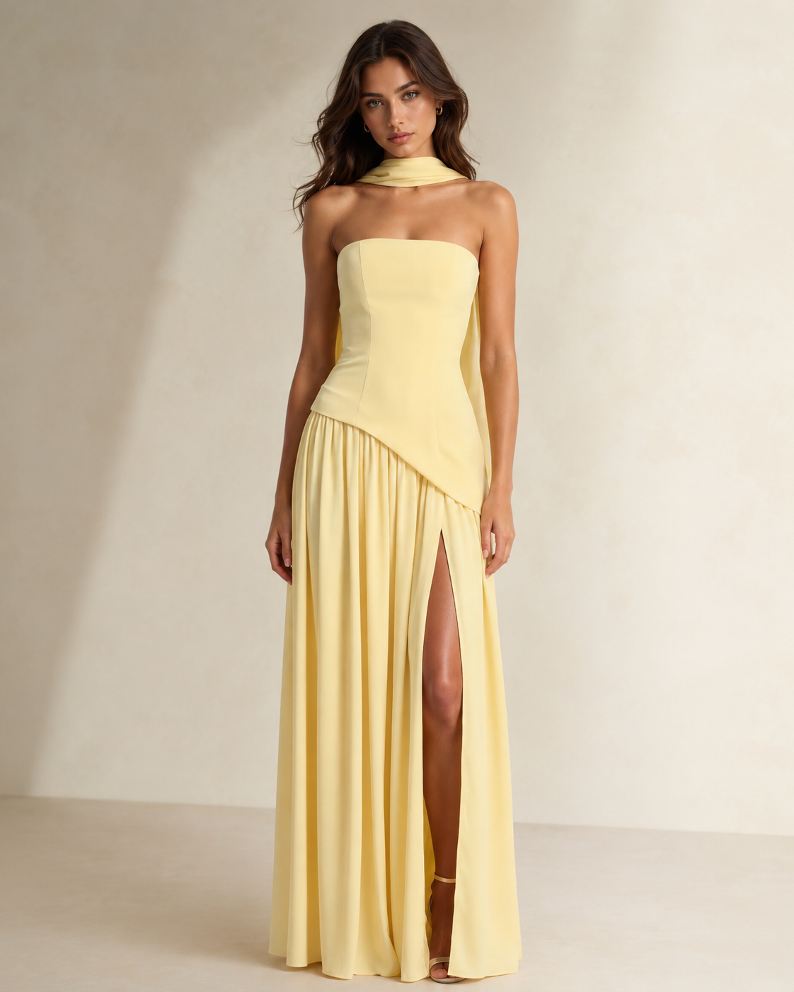 Margaux | Black Strapless Corset Maxi Dress With Scarf Neck — Yellow