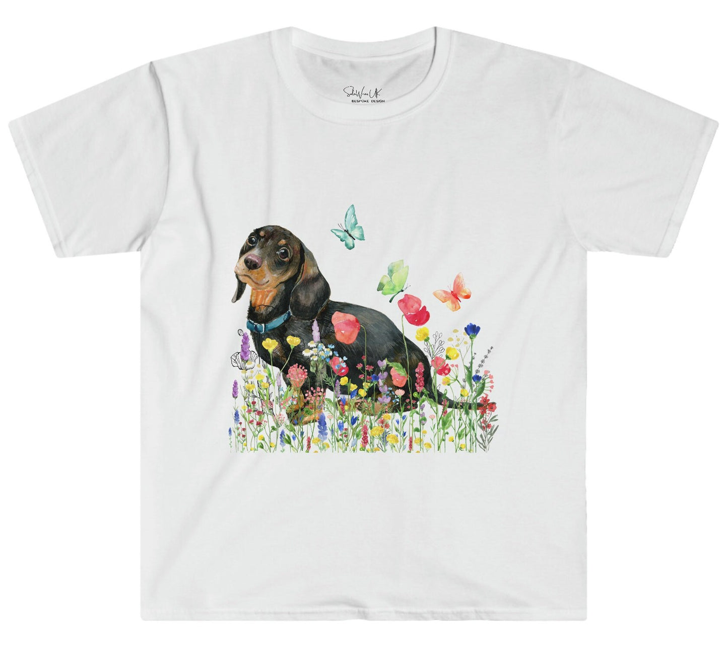 Cute "Dachshund,Wildflowers, Butterflies" Soft T-Shirt, perfect gift for Dog Loving Mom, Dog Papa, Dog Breeder - dog dad, dog papa, dog mama