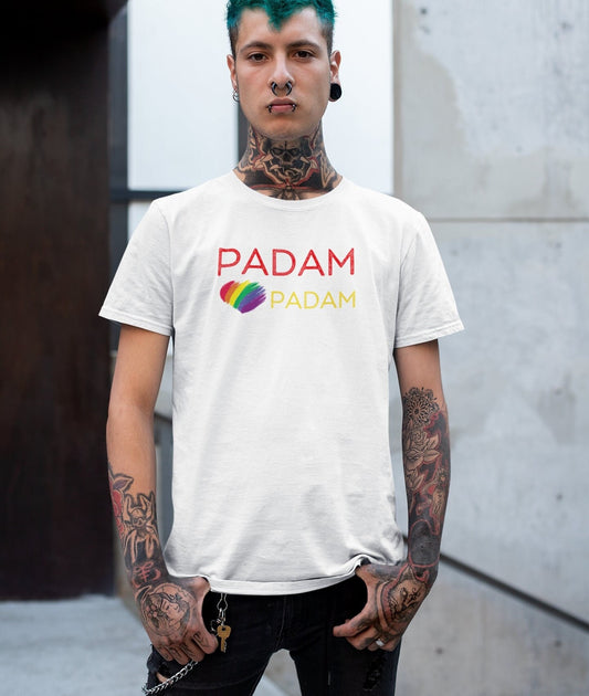 Padam Padam T-shirt with Rainbow Heart - Pride LGBT Fashion, Gay Icon shirt, Kylie Minogue, aromantic gay pride, asexual, gender fluid tee