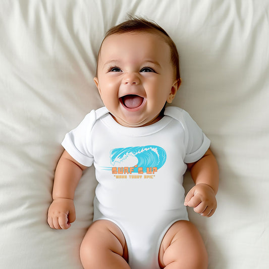 Surf&#39;s Up Baby Romper, one-piece body suit, fun gift for Surfer Dad, New Mom, Cool outfit for new baby, short sleeve, gift for baby shower.