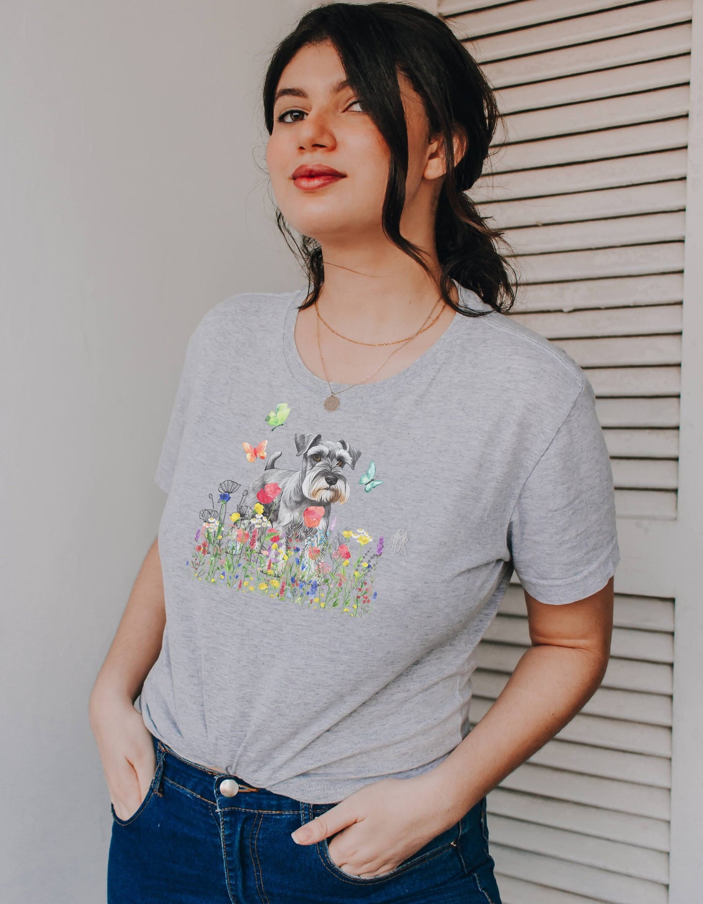 Cute Schnauzer in Wild flower T-shirt, Dog Dad shirt, Dog Sitter Pawnan gift, Dog Moms tee, Fur Mamas Tshirt, Dog Papas, Dog Walkers Shirt