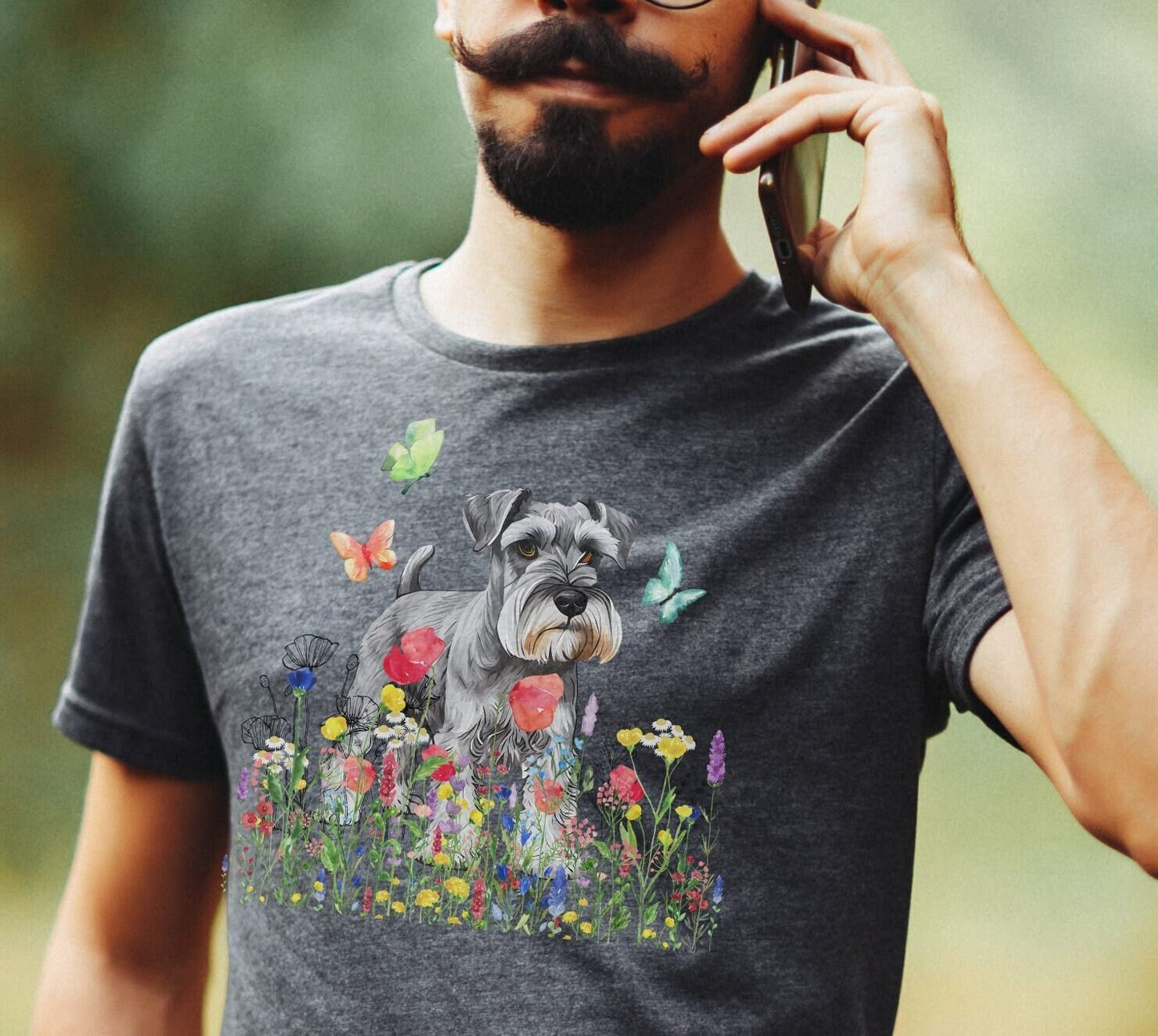 Cute Schnauzer in Wild flower T-shirt, Dog Dad shirt, Dog Sitter Pawnan gift, Dog Moms tee, Fur Mamas Tshirt, Dog Papas, Dog Walkers Shirt