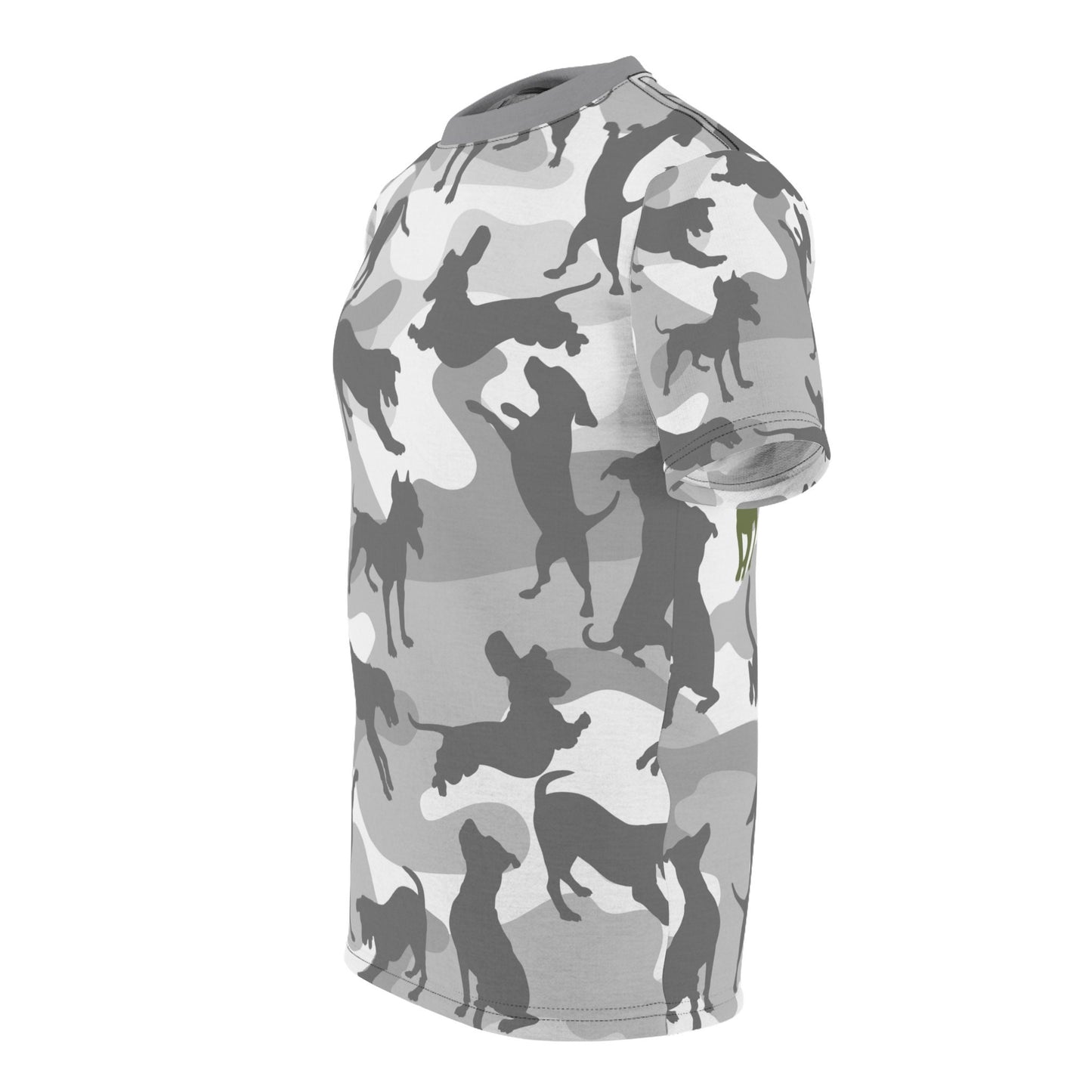 Spot the Dogs - Trendy Grey Camo Tee,  Dog Dad T-shirt, Dog Mom Shirt, Camouflage Tee, Funky Dog Tshirt, Dog Walkers Fun Army Print shirt