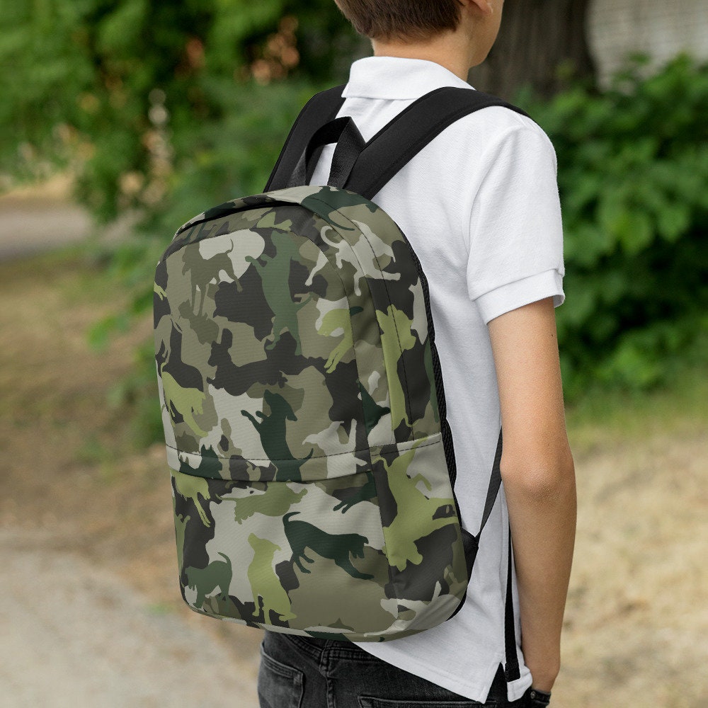 Spot the Dogs - Funky Camo Dog Backpack, Fashion Military Print, Gift for Dog Dads, Dog Mom Backpack, Back To School Bag, Bag for Dog Lovers