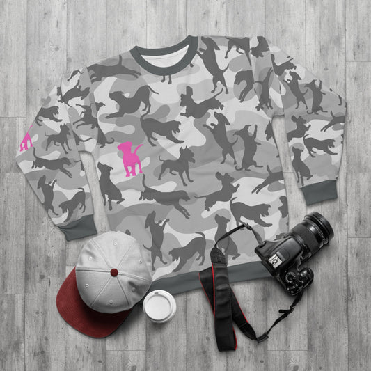 Trendy Grey n Pink Camouflage Dog Mom Sweater, Unisex Ones Size Sweatshirt