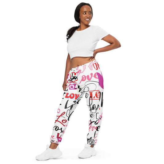 Love Love Love pants/All Over Print Bottoms, Festival Clothing/Trippy Love print/Unisex Track pants, Pink Black and White Unisex track pants