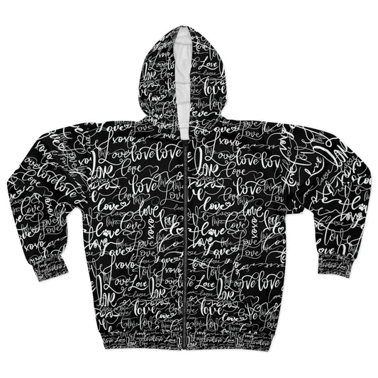 Love Love Love B&W Hoodie, All Over Print Rave Hoodie, Summer Festival Hoodie, Stag Party Hoodie, Streetwear Hoodie, Unisex Zip Hoodie (AOP)