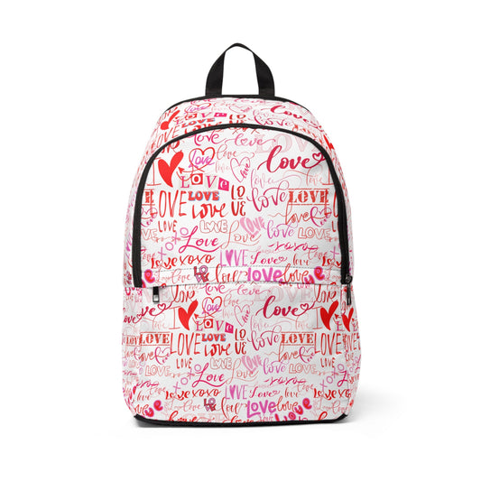 Love All Over Print/Backpack for women/Backpack for School/ LOVE Pattern White Bag with Pink Print/Backpack for Girl/Unisex Fabric Backpack