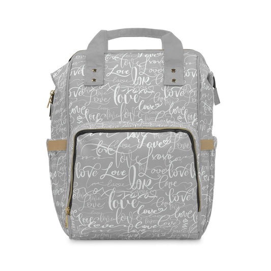 Trendy Stylish Backpack Diaper Bag/Love All Over Print/Unique Design/ Woman&#39;s Weekend Bag/Multifunctional Diaper Bag/Grey & White baby bag