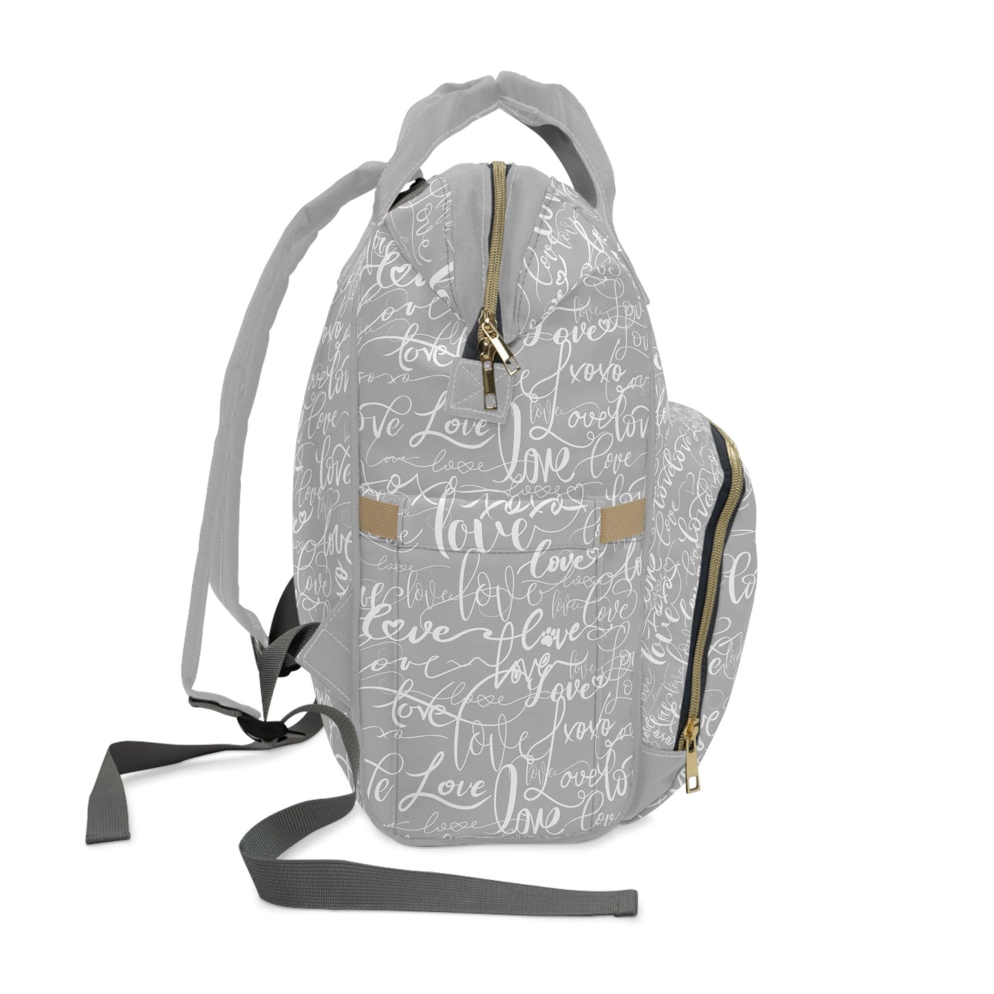 Trendy Stylish Backpack Diaper Bag/Love All Over Print/Unique Design/ Woman&#39;s Weekend Bag/Multifunctional Diaper Bag/Grey & White baby bag