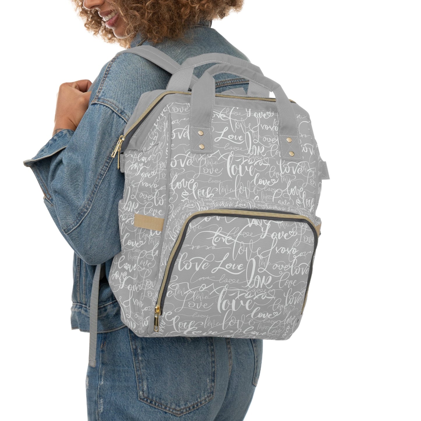 Trendy Stylish Backpack Diaper Bag/Love All Over Print/Unique Design/ Woman&#39;s Weekend Bag/Multifunctional Diaper Bag/Grey & White baby bag