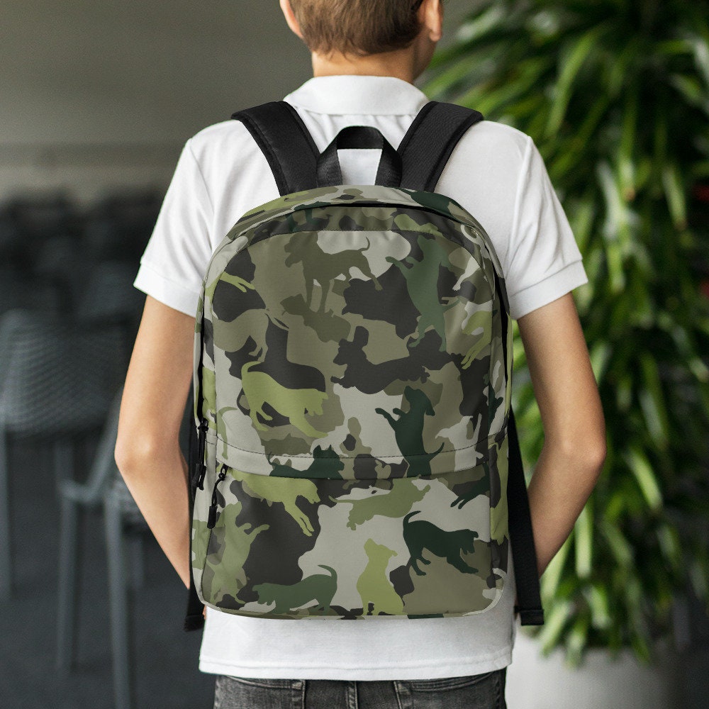 Spot the Dogs - Funky Camo Dog Backpack, Fashion Military Print, Gift for Dog Dads, Dog Mom Backpack, Back To School Bag, Bag for Dog Lovers