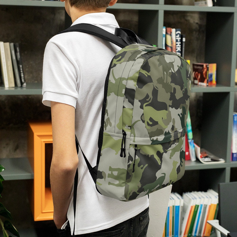 Spot the Dogs - Funky Camo Dog Backpack, Fashion Military Print, Gift for Dog Dads, Dog Mom Backpack, Back To School Bag, Bag for Dog Lovers