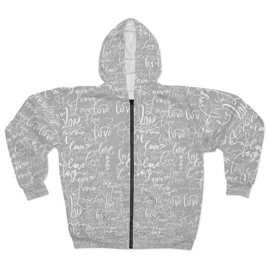 Love Love Love Grey Hoodie, All Over Print Rave Hoodie, Summer Festival Hoodie, Funky Love Design Streetwear Hoodie, Unisex Zip Hoodie (AOP)