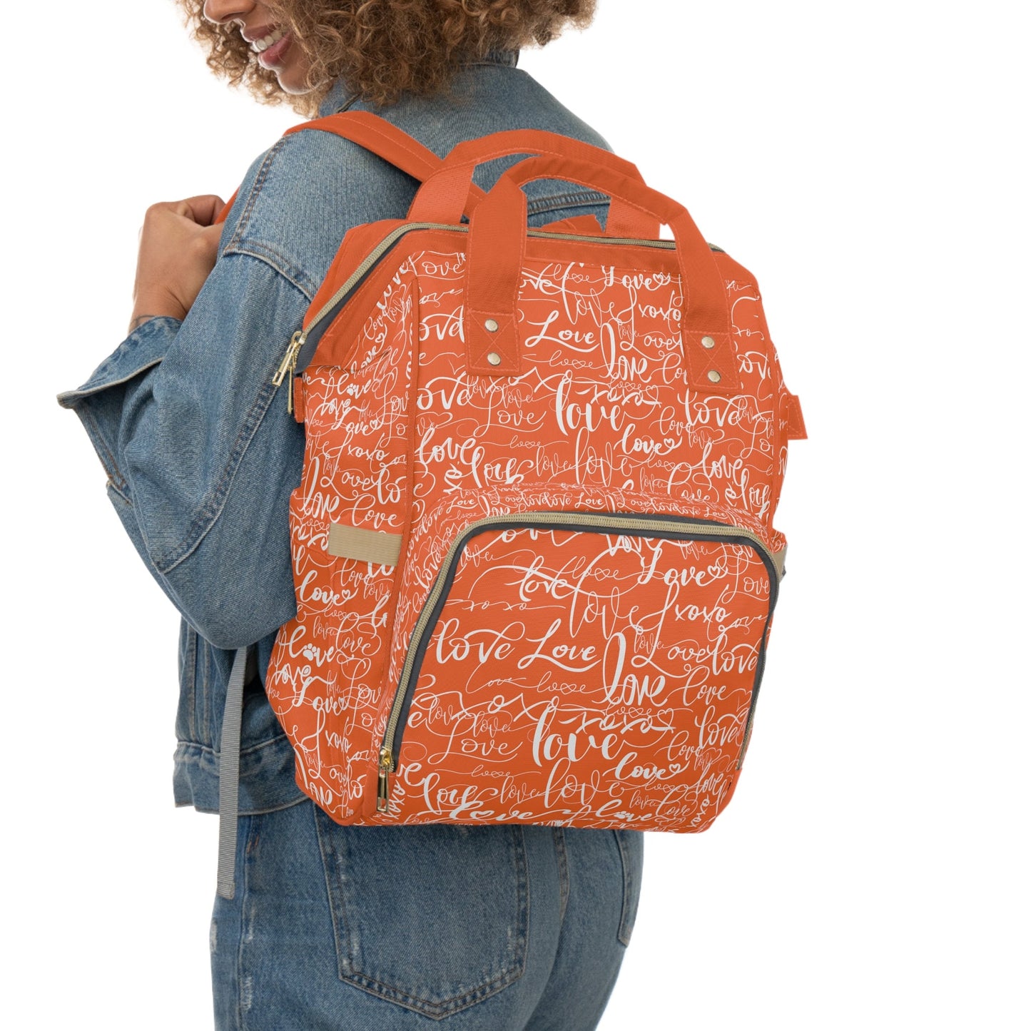 Unique Stylish Backpack Diaper Bag/Love All Over Print/Unique Elegant Design/ Woman&#39;s Weekend Bag/Multifunctional Diaper Bag/Orange and Grey