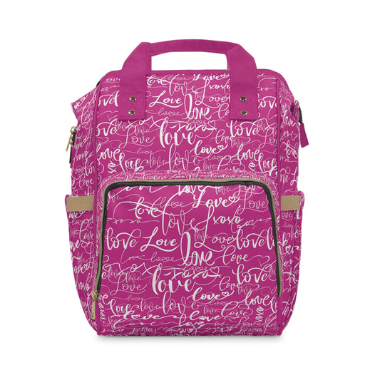 Trendy Deep Pink Backpack Diaper Bag/Love All Over Print/Unique Elegant Design/ Woman&#39;s Weekend Bag/Multifunctional Baby Diaper Bag